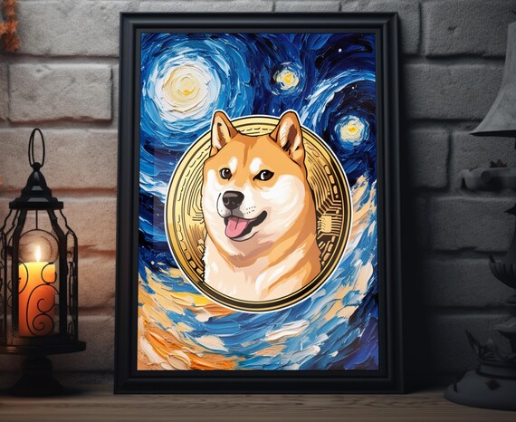 Dogecoin Starry Night Art Print Crypto Meme Painting Artwork Memecoin Poster Decor Cryptocurrency Wall Art For Coin Fans