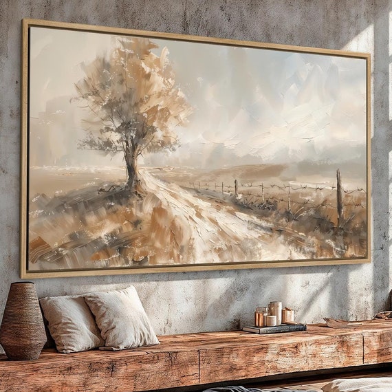 Landscape Framed Canvas Wall Art Tree Of Life Painting Print Field Path Poster Abstract Country Road Decor Gift For Home Ready To Hang