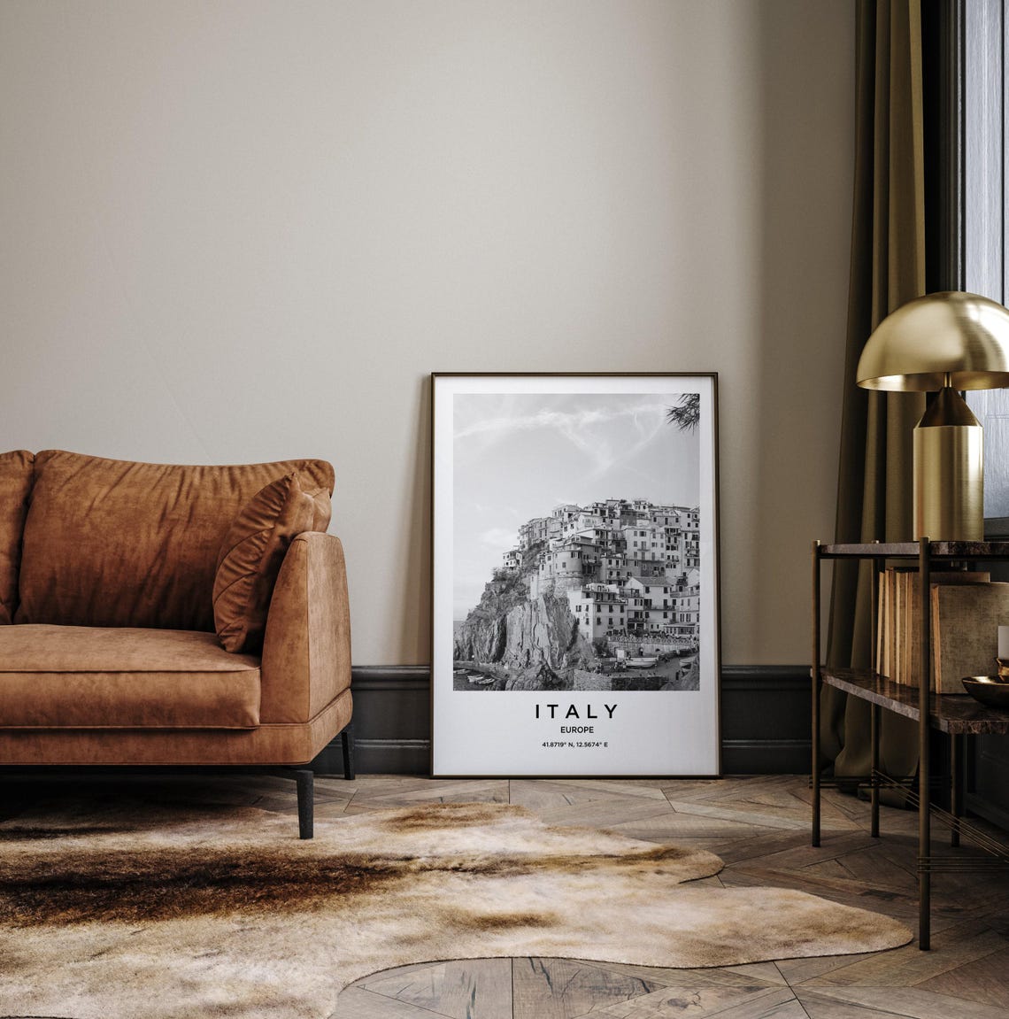 Italy Coastal Village Black and White Cliffside Photography Poster - Image 3