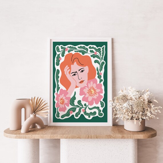 Art Nouveau Red Haired Woman Pink Flowers Green Portrait Poster