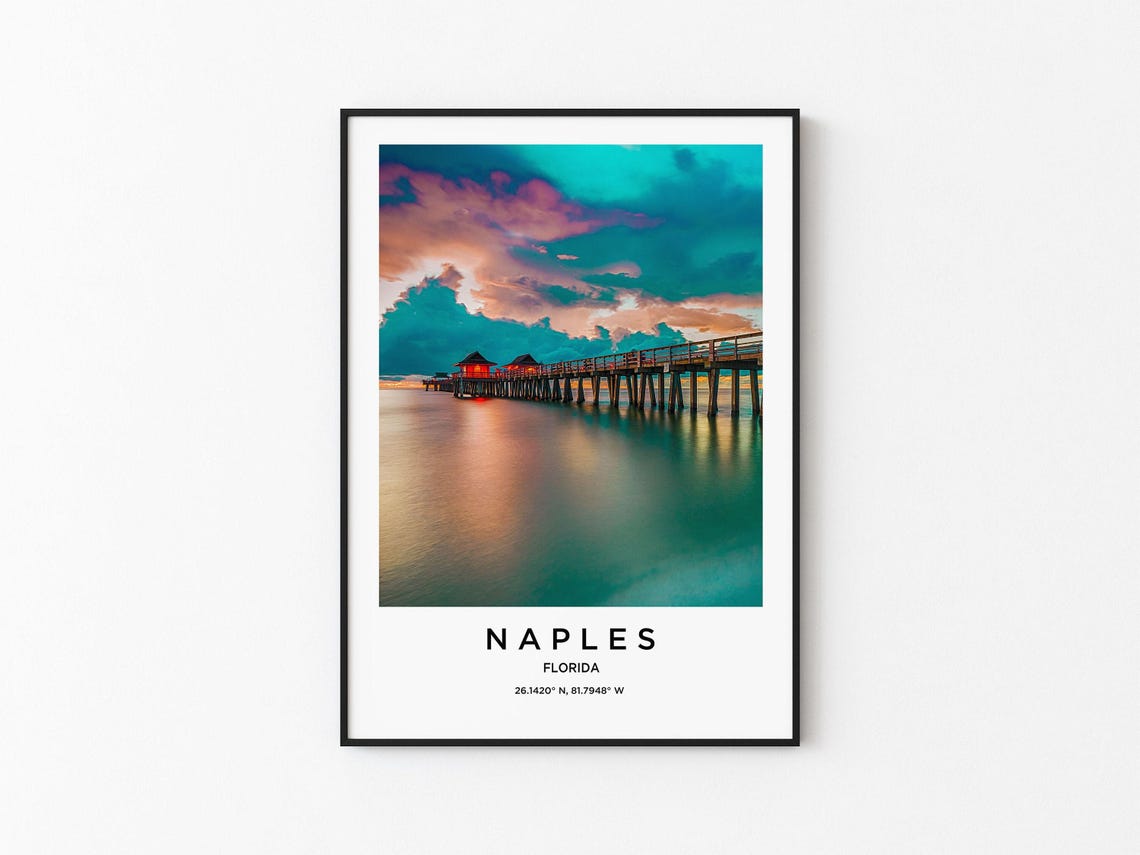 Naples Florida Pier Sunset Turquoise Sea Minimalist Travel Poster