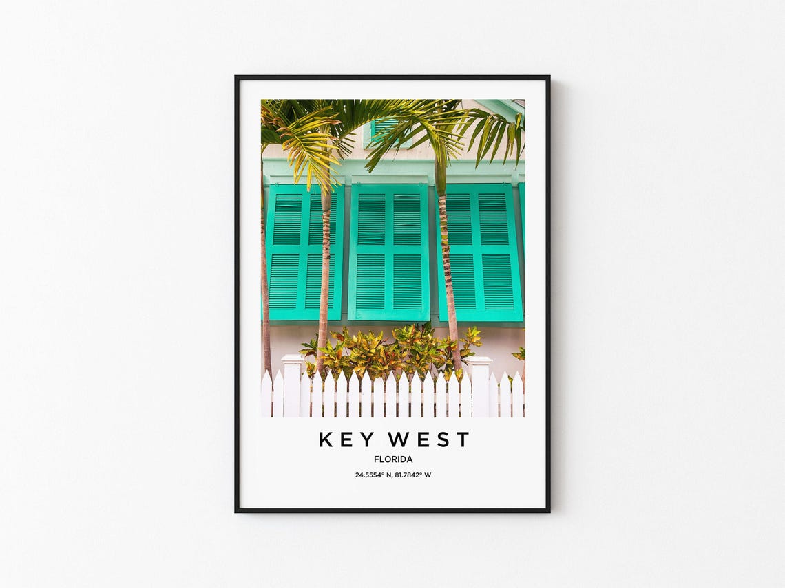 Key West Florida Teal Shutters Picket Fence Palms Travel Poster