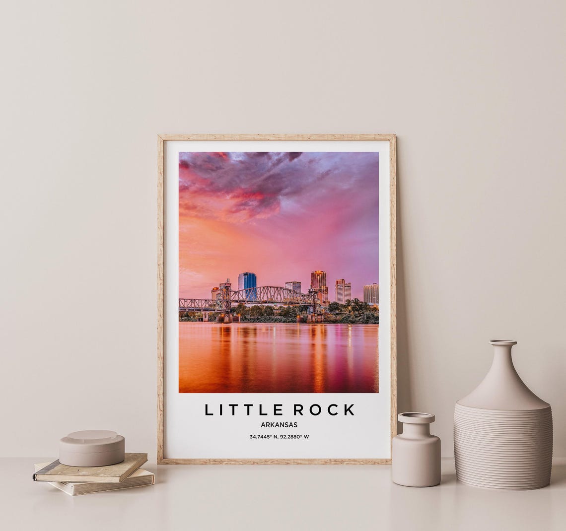 Little Rock Arkansas Sunset Bridge Skyline Reflection Travel Poster - Image 2