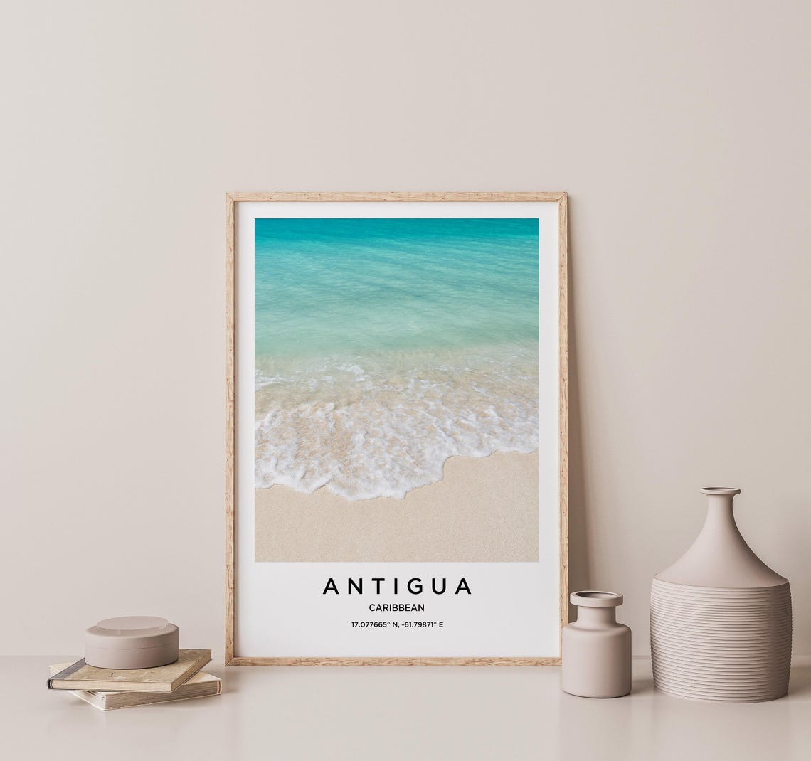 Antigua Caribbean Turquoise Waves White Sand Minimalist Travel Poster - Image 2
