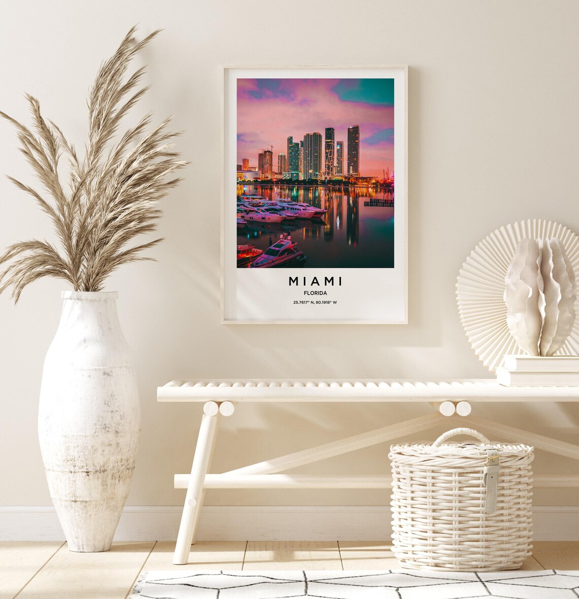 Miami Florida Downtown Skyline Glowing Sunset Marina Travel Poster - Image 3