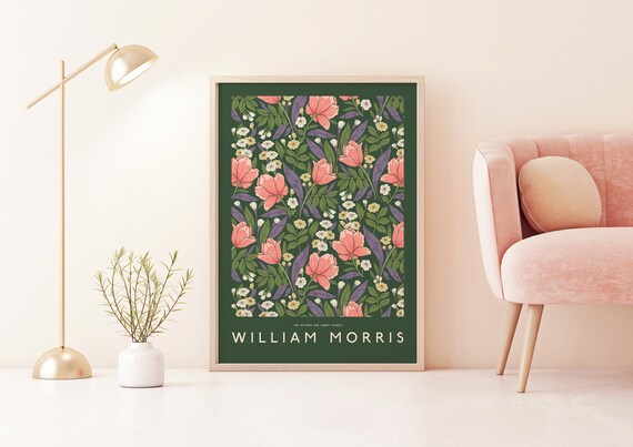 William Morris Pink Flowers Dark Green Botanical Pattern Poster