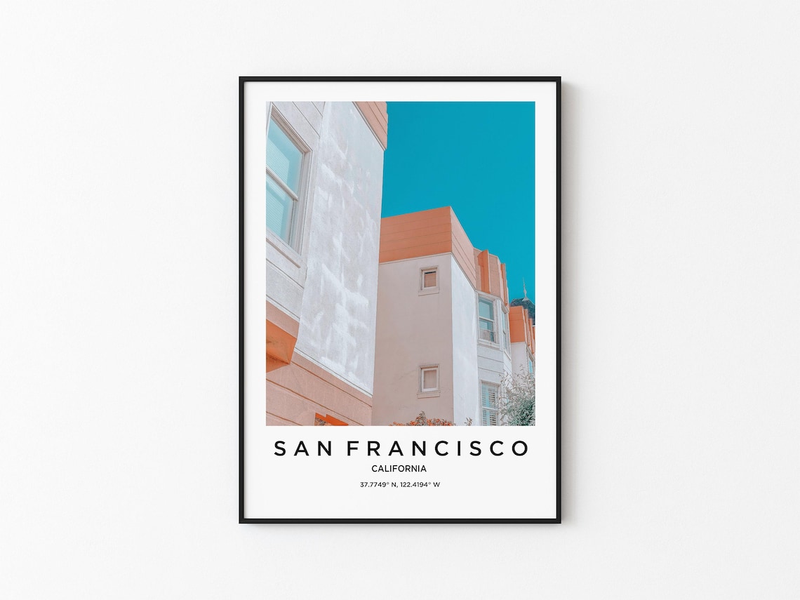 San Francisco California Colorful Buildings Teal Sky Travel Poster