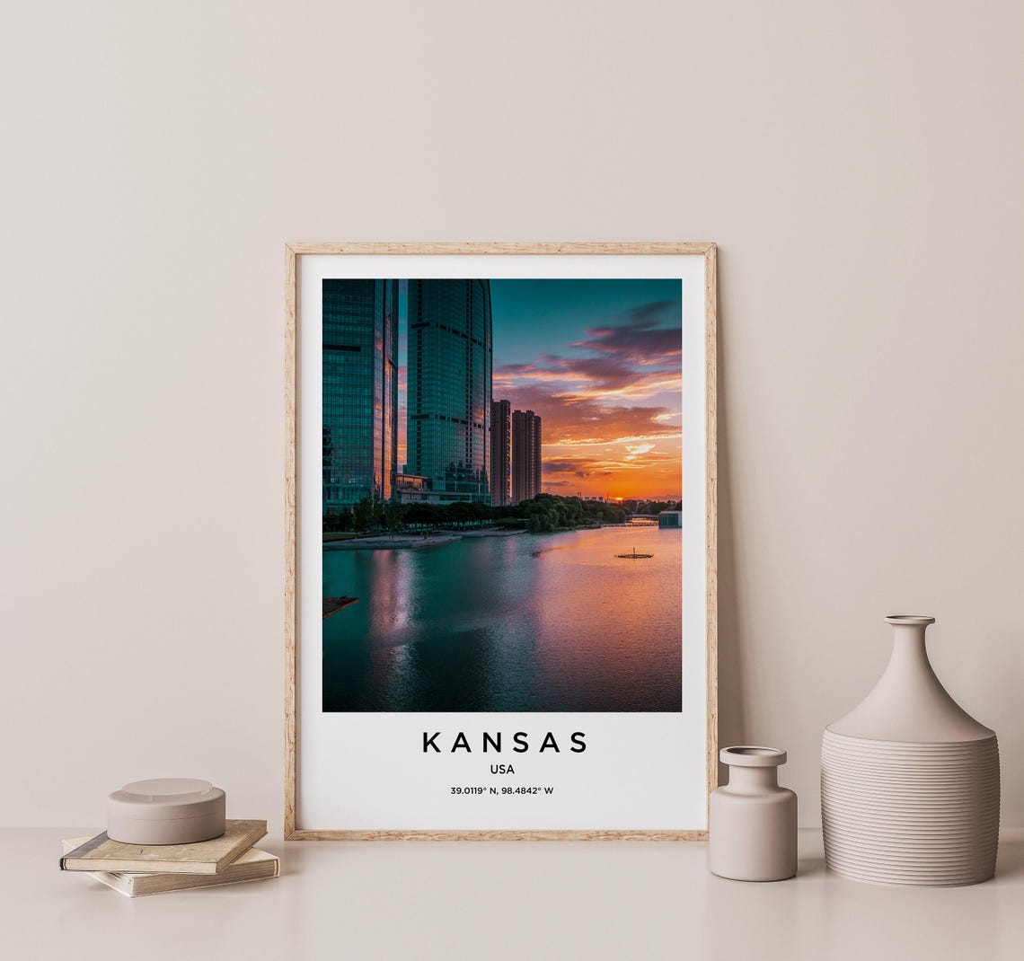 Kansas USA Modern City Towers Beside a Lake at Sunset Poster - Image 2