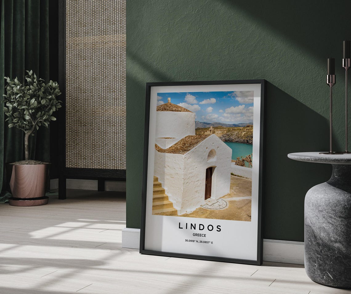 Lindos Greece Whitewashed Chapel Overlooking Turquoise Bay Poster - Image 2