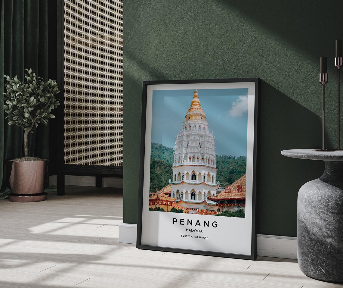 Penang Malaysia White and Gold Tiered Temple Pagoda Landmark Poster - Image 2