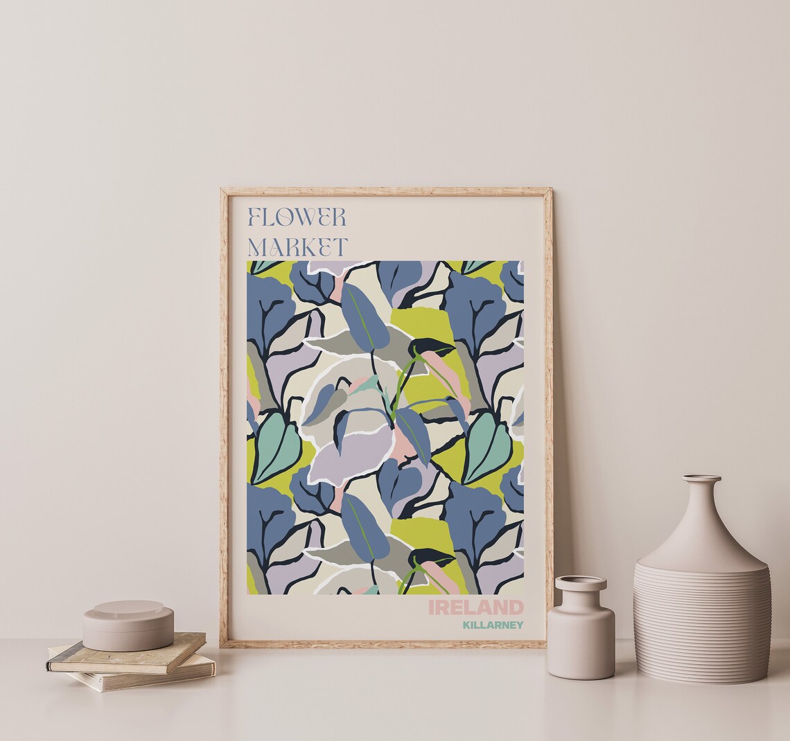 Ireland Killarney Flower Market Blue Green Abstract Leaf Art Poster - Image 2