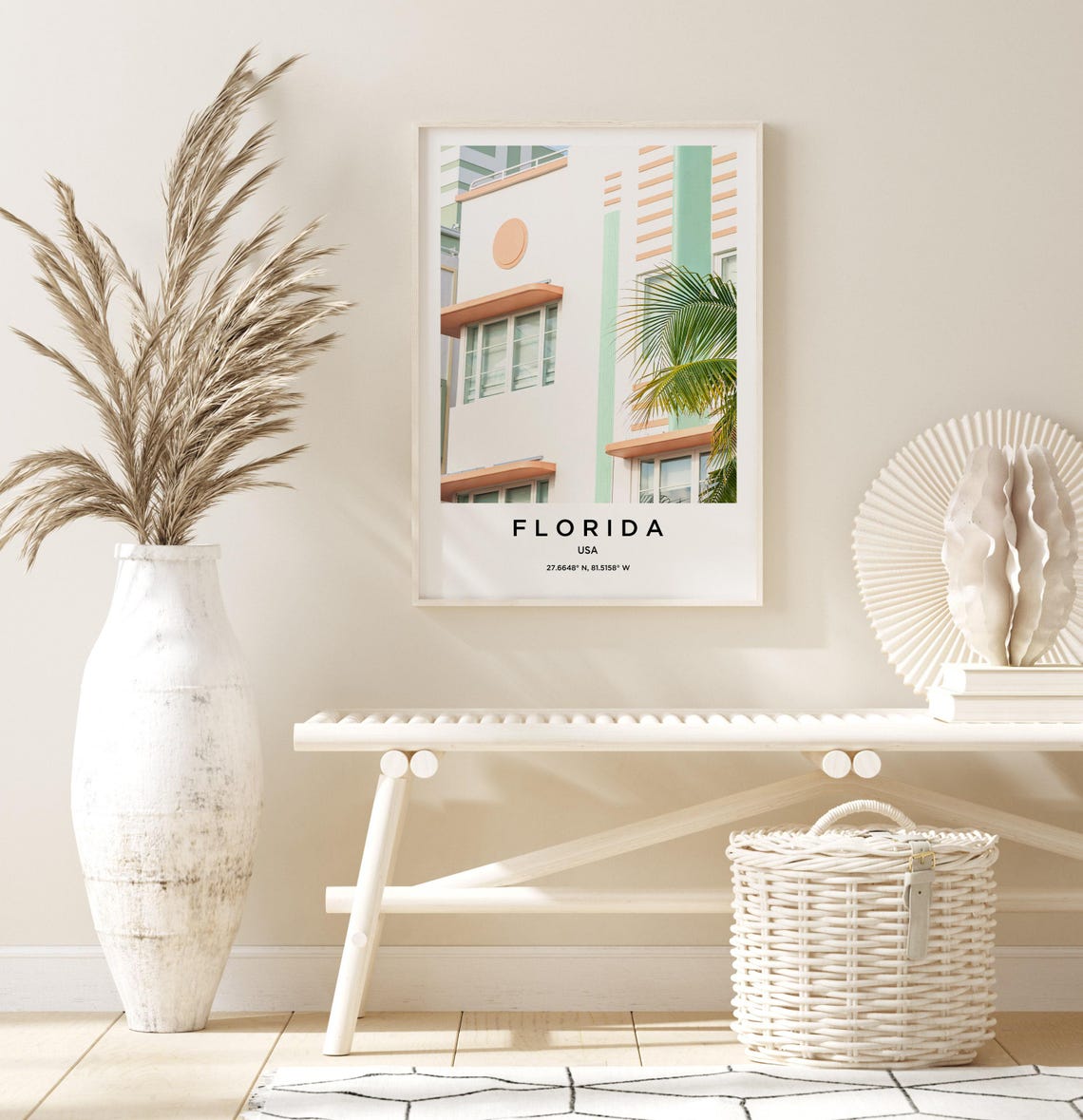 Florida Pastel Art Deco Facade with Palm Fronds Soft Sunlight Poster - Image 3
