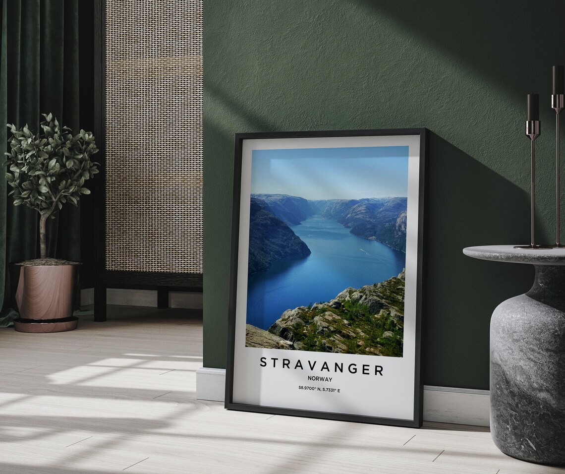 Stravanger Norway Fjord Aerial Blue Water Minimalist Travel Poster - Image 2