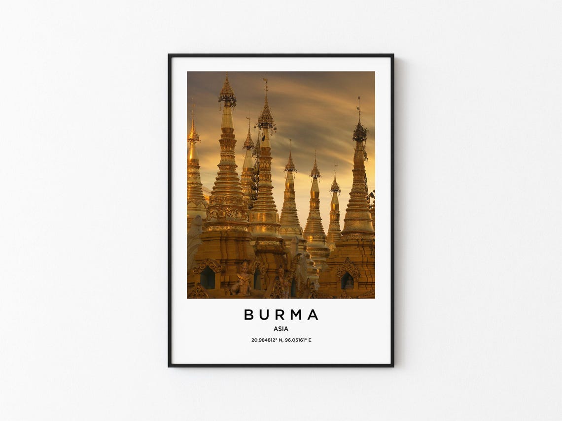 Burma Asia Golden Buddhist Temple Pagoda Spires Sunset Glow Poster