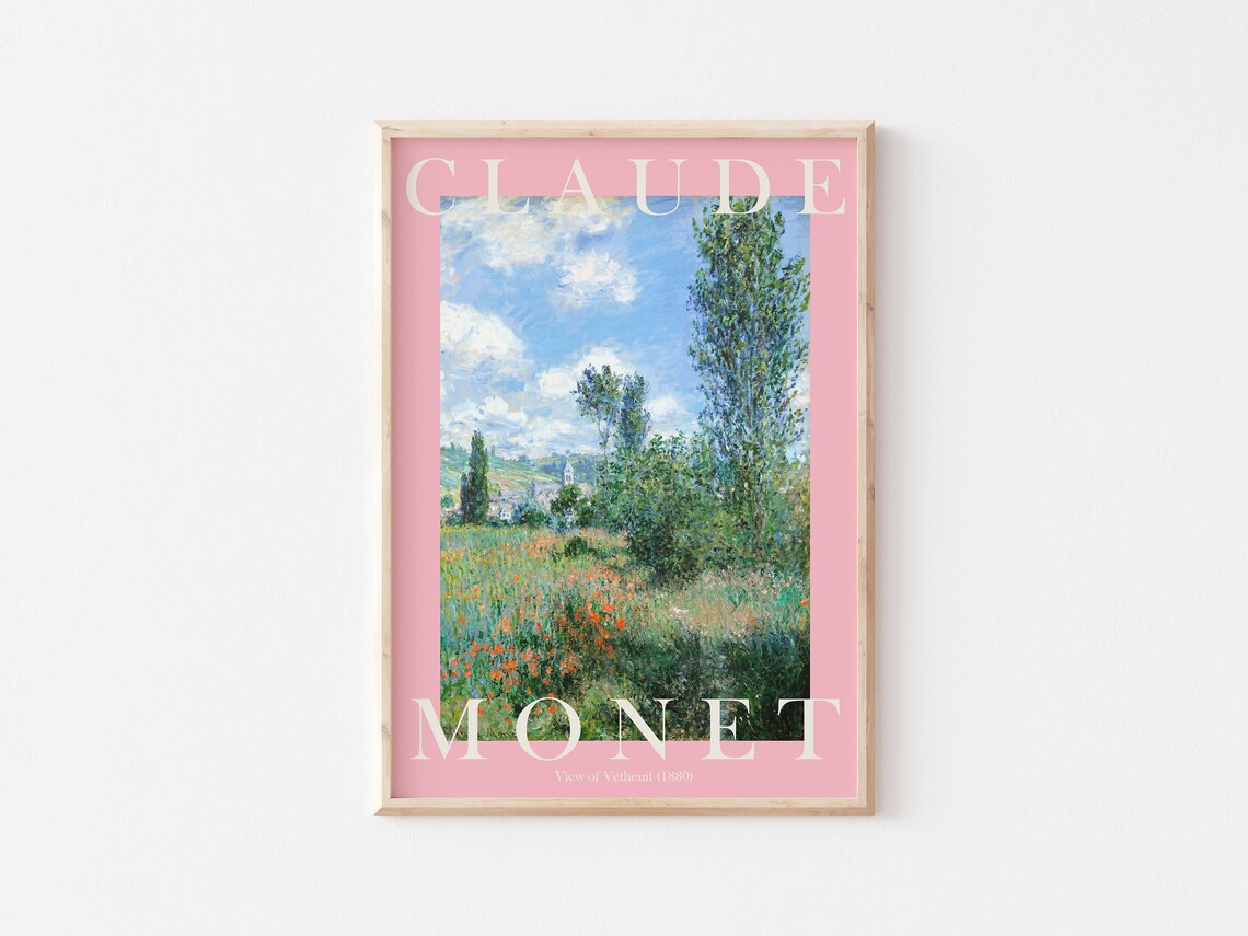 Claude Monet View of Vetheuil 1880 Poppy Meadow Pink Border Poster - Image 3