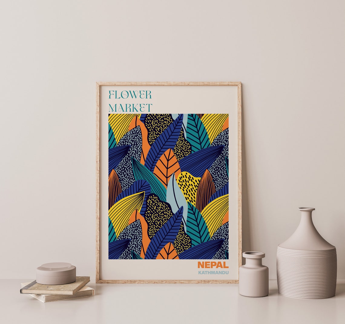 Nepal Kathmandu Flower Market Bold Tropical Leaf Pattern Art Poster - Image 3