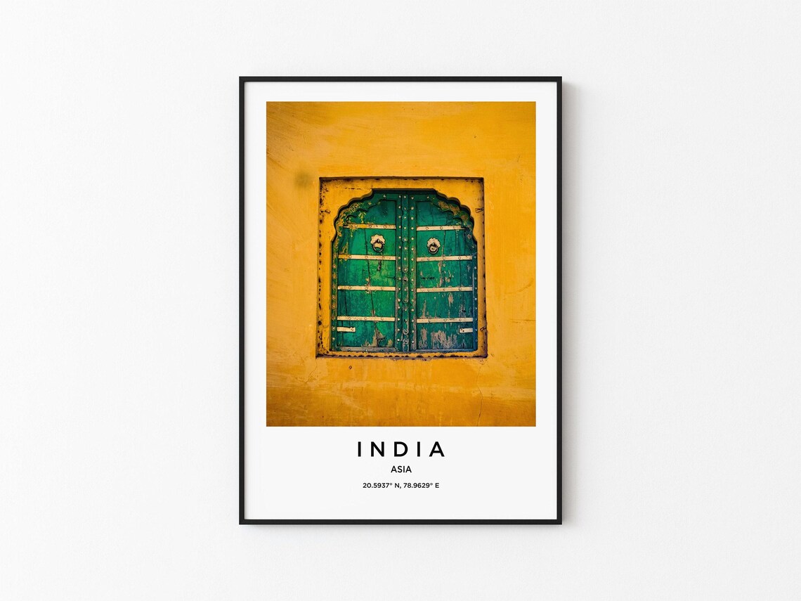 India Ornate Green Wooden Door Mustard Yellow Wall Heritage Poster