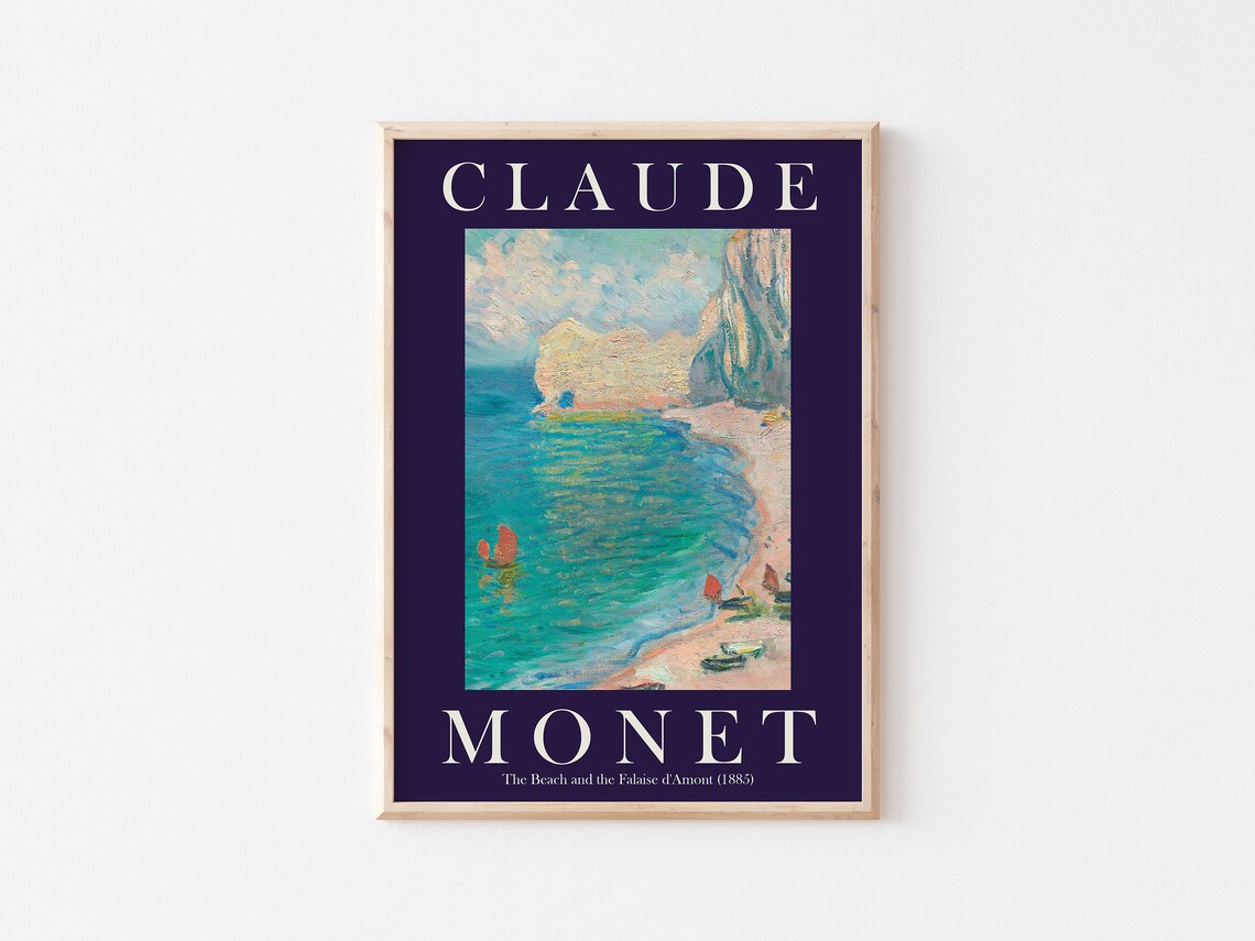 Claude Monet Beach and Falaise d'Amont 1885 Navy Border Poster - Image 3