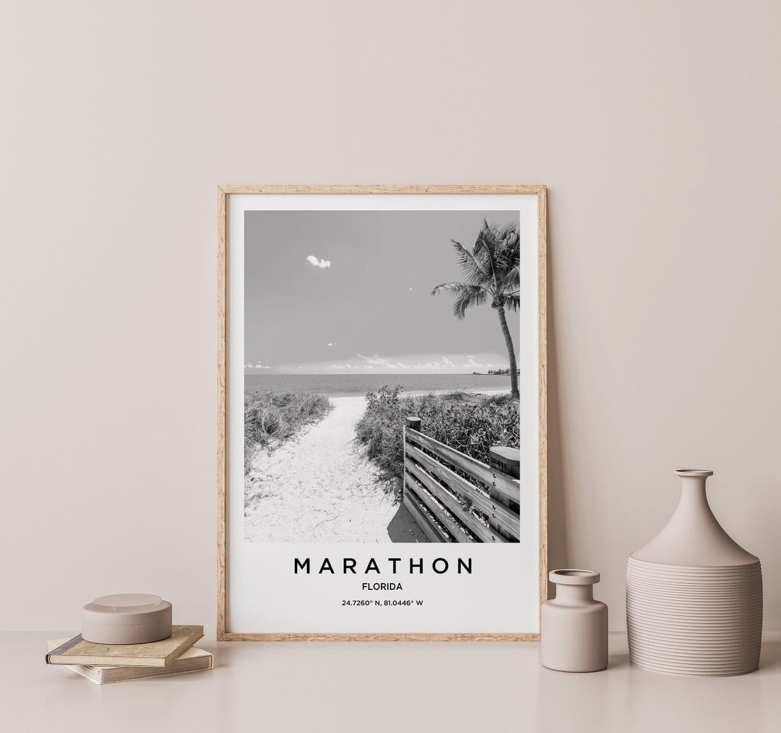Marathon Florida Tropical Beach Path Palm Monochrome Coastal Poster - Image 2