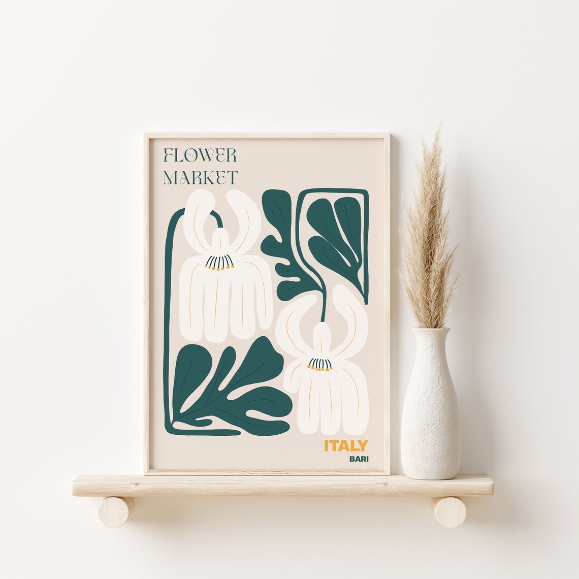 Italy Bari Elegant White Blossom Teal Leaf Flower Market Poster - Image 2