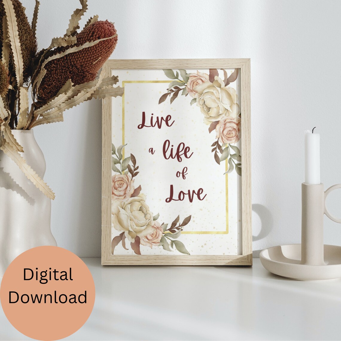 Live a Life of Love Blush Roses Gold Frame Floral Quote Wall Art - Image 3