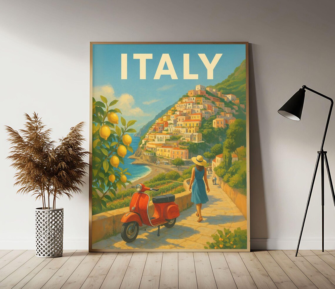 Italy Amalfi Coast Vintage Travel Poster Lemons Red Scooter View