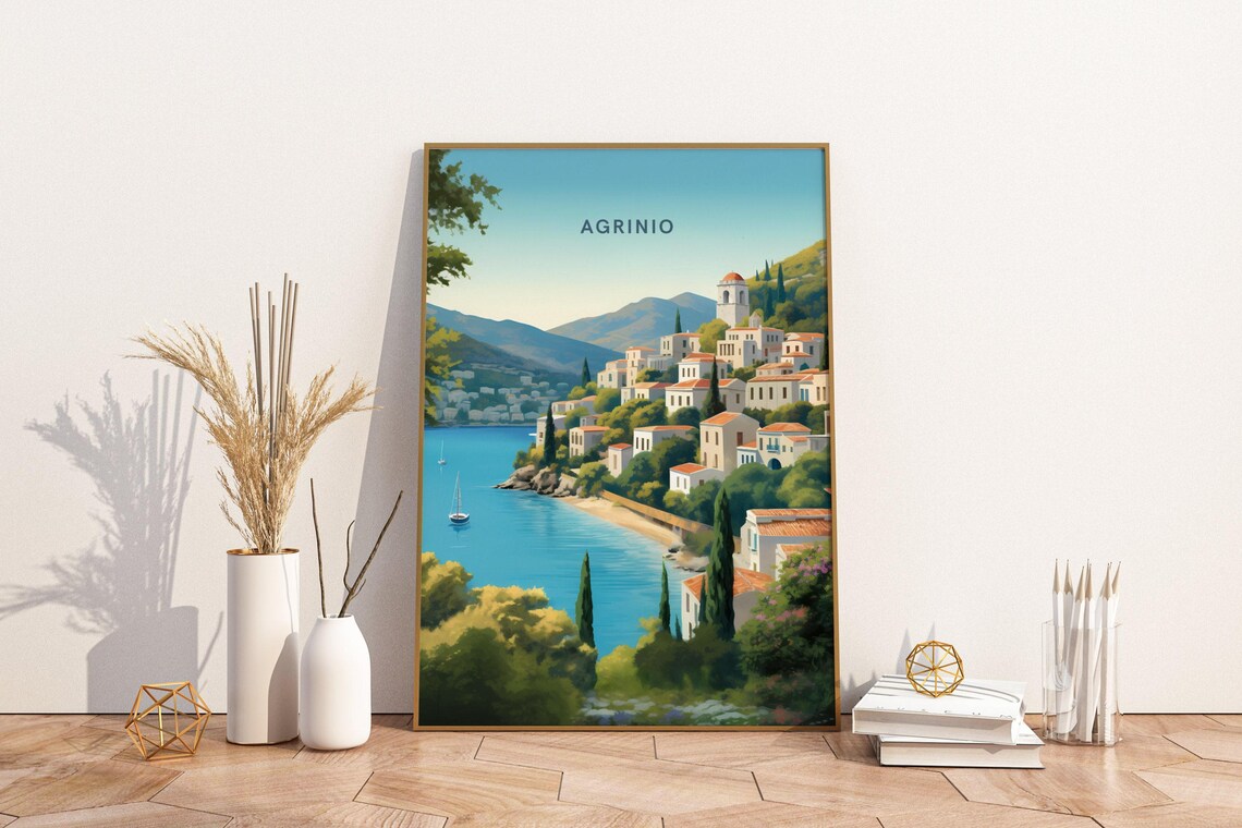 Agrinio Greece Whitewashed Hillside Seaside Town Travel Poster