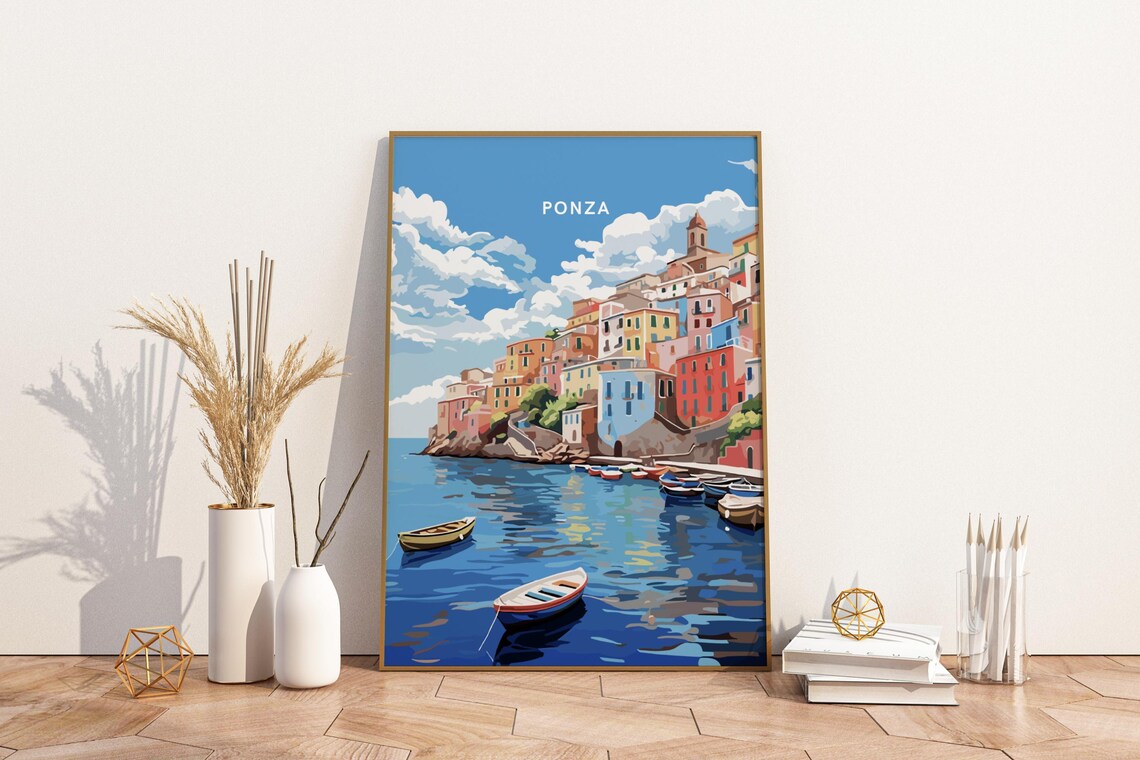 Ponza Italy Colorful Harbor Travel Poster Cliffside Boats Seaside Art