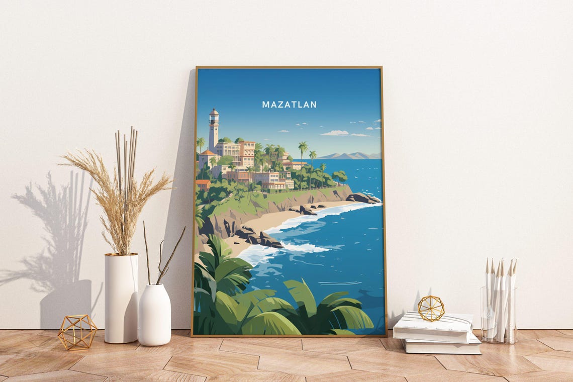 Mazatlan Mexico Lighthouse Cliffs Beach Pacific Coast Travel Poster