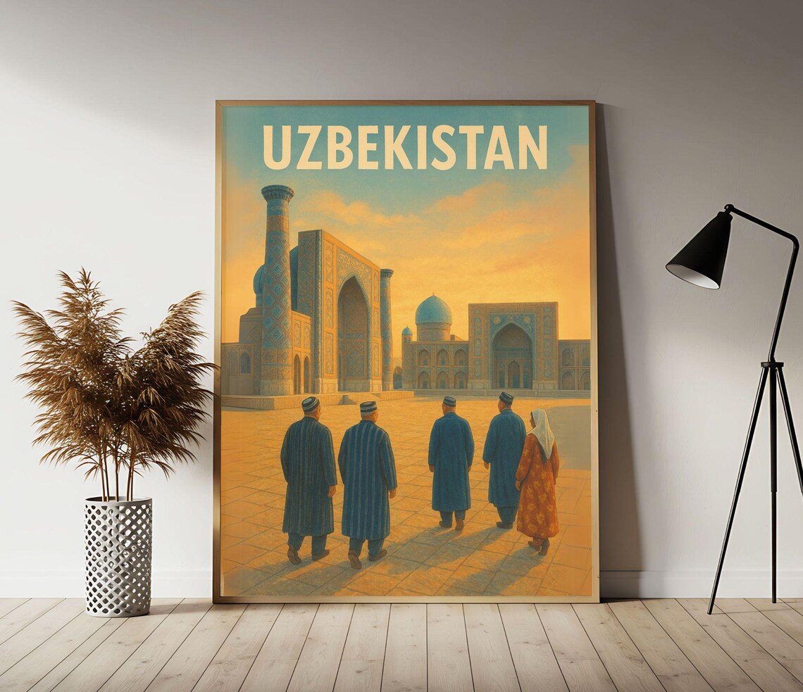Uzbekistan Registan Square at Golden Sunrise Vintage Travel Poster