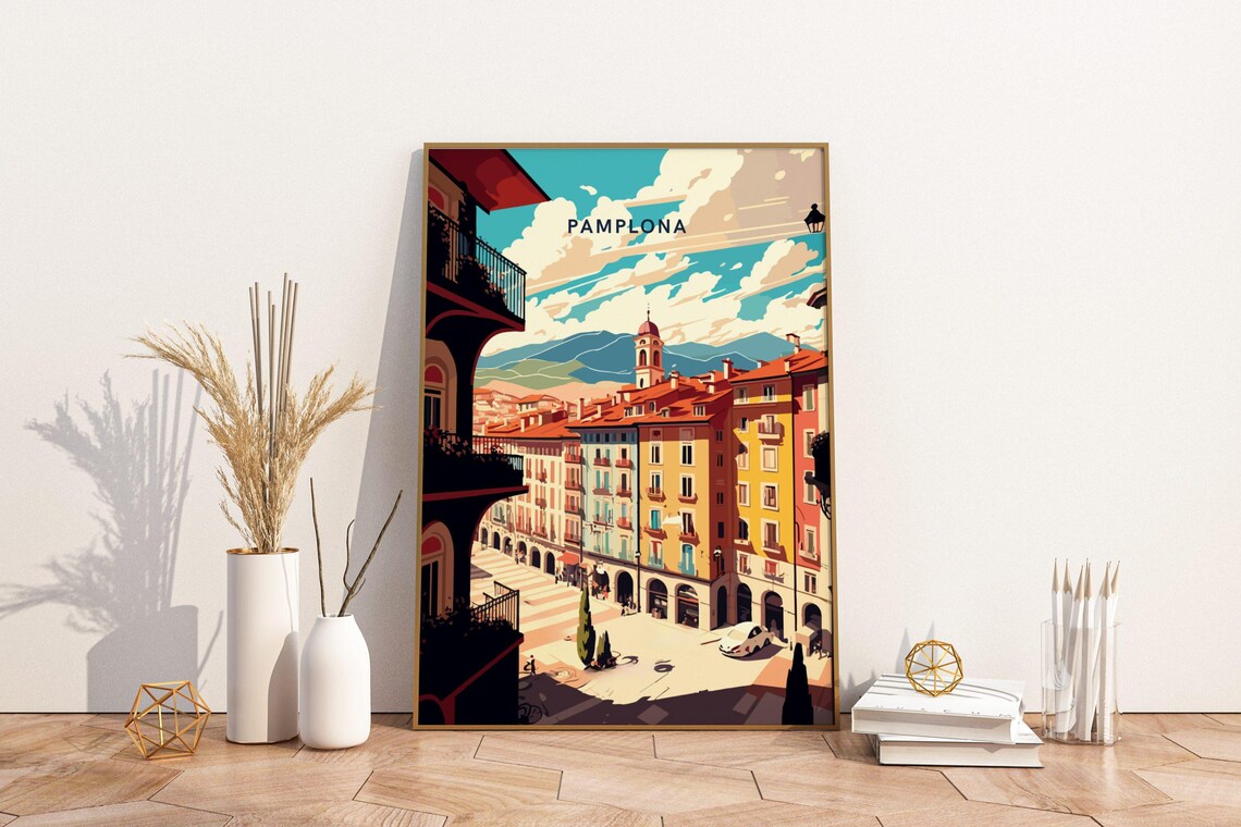 Pamplona Spain Sunny Old Town Plaza Street Travel Art Poster