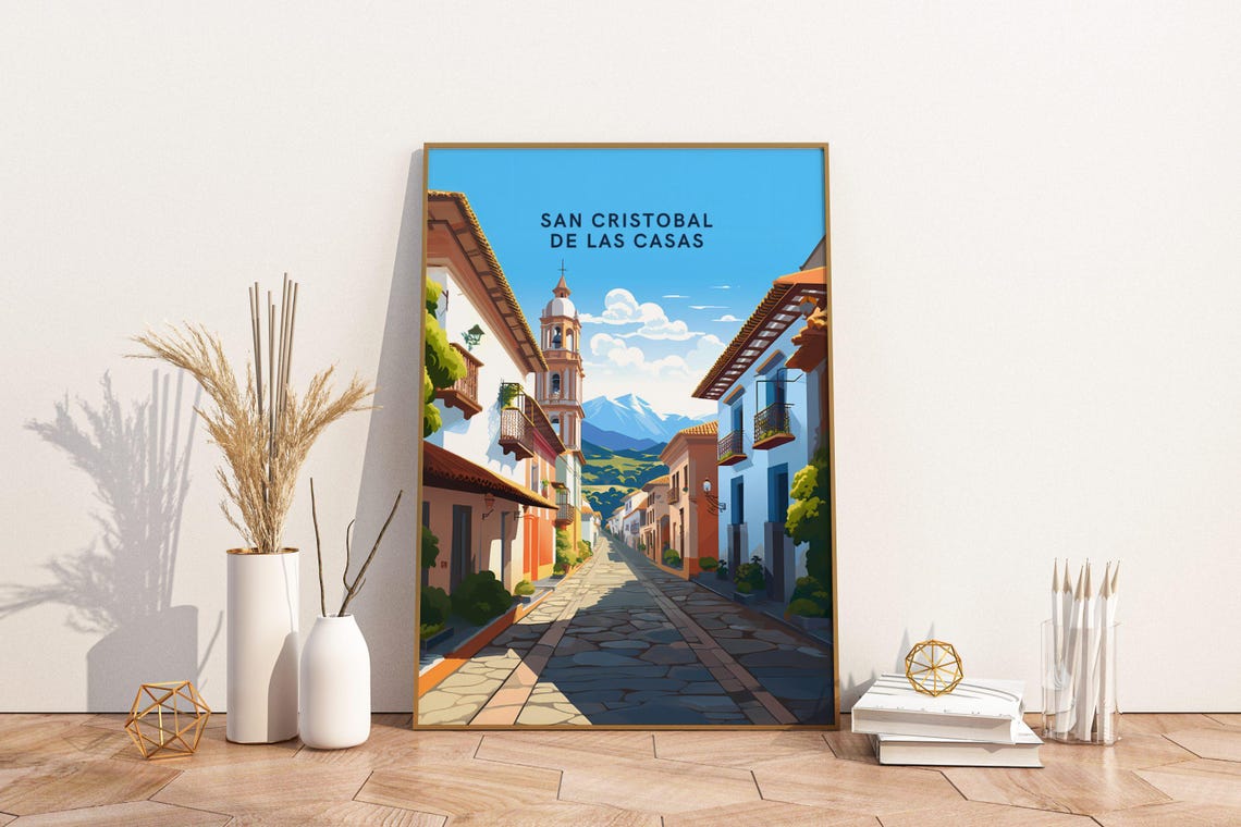 San Cristobal de las Casas Colorful Cobblestone Street Travel Poster