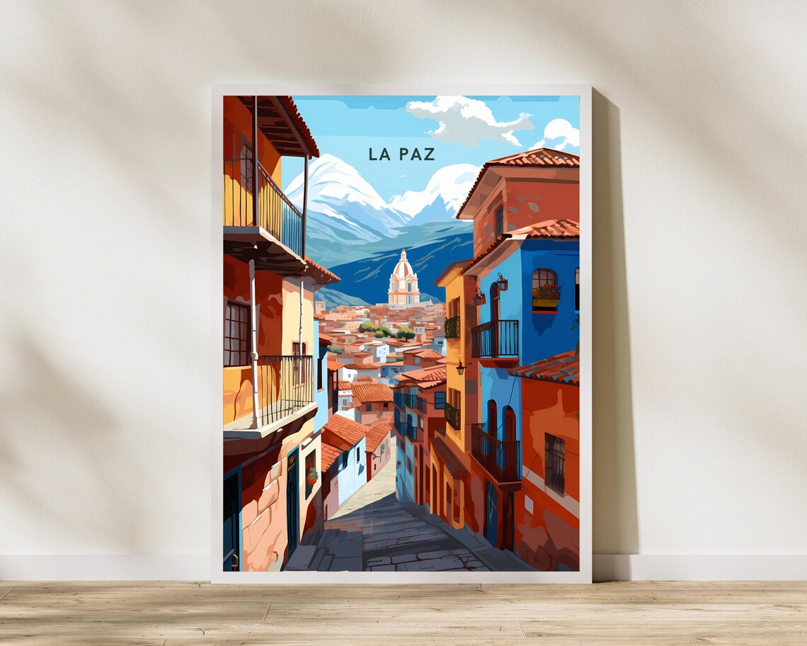 La Paz Bolivia Colorful Steep Street Snowy Mountain Travel Poster