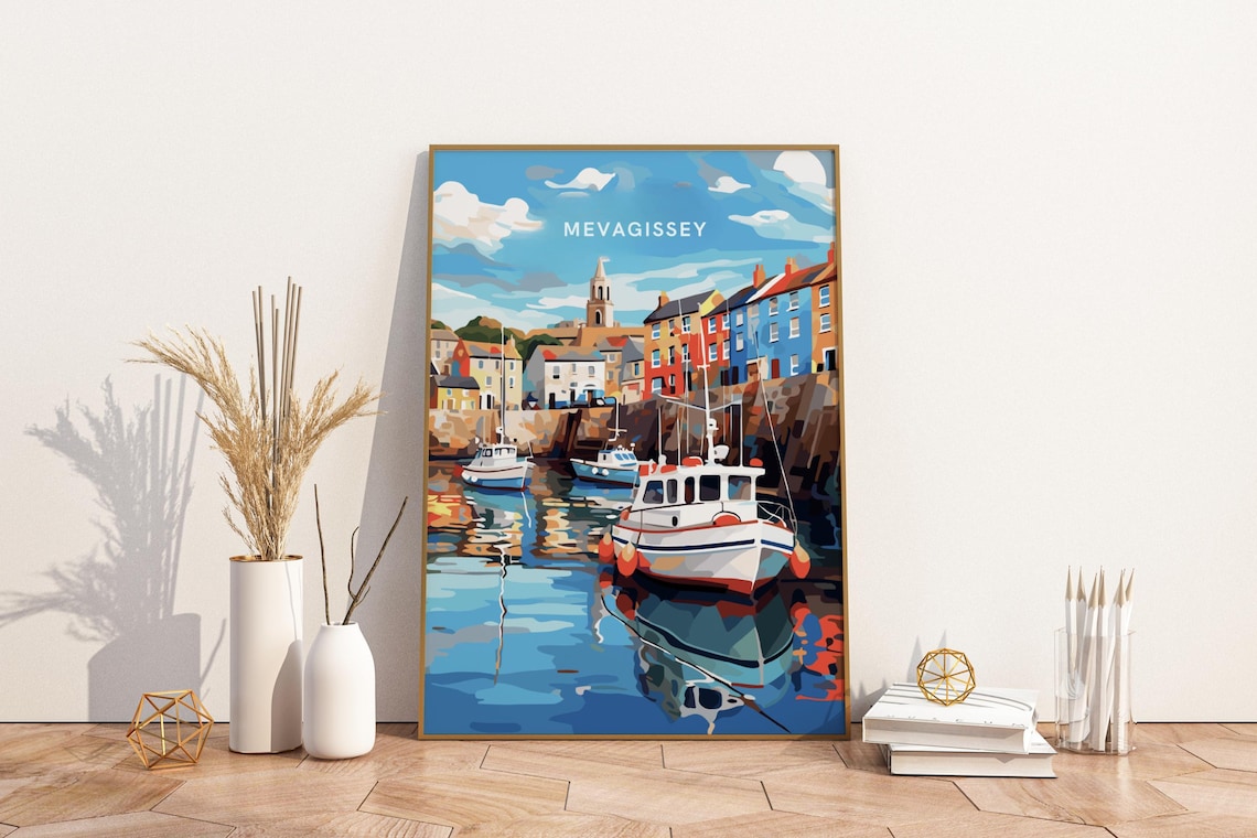 Mevagissey Cornwall Harbor Fishing Boats Vintage Travel Poster
