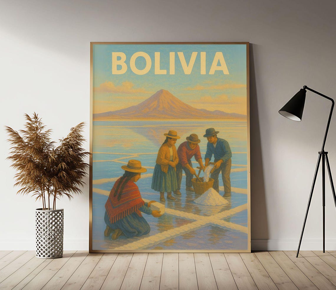 Bolivia Salt Flats Harvest Volcano Backdrop Vintage Travel Poster