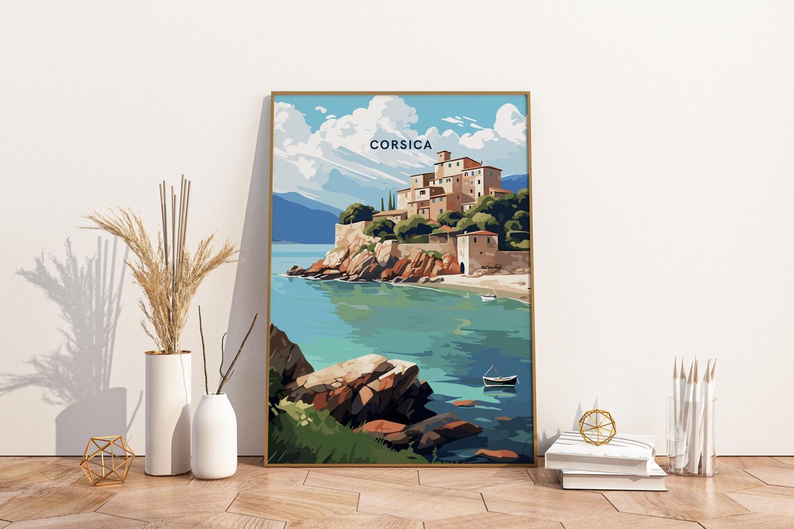 Corsica France Coastal Cliffside Fortress Town Vintage Travel Poster