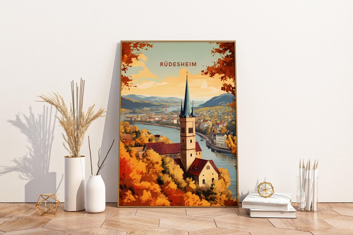 Rudesheim Germany Rhine Valley Autumn Church Spire View Poster