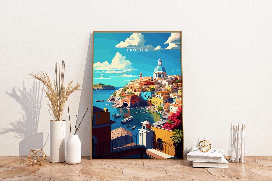 Procida Italy Naples Travel Poster Colorful Clifftop Town Seaside Art