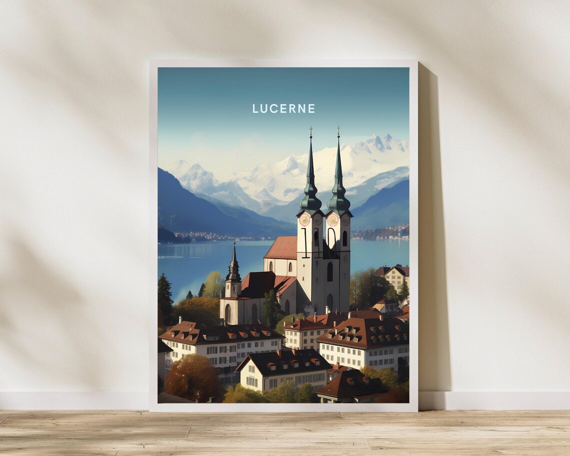 Lucerne Switzerland Old Town Church Spires Lake Mountains Poster