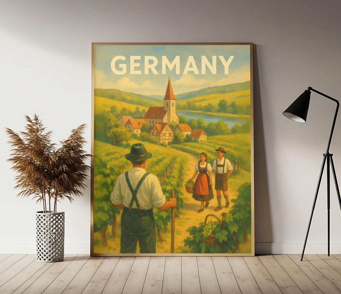 Germany Wine Country Vineyard Harvest Village Vintage Travel Poster