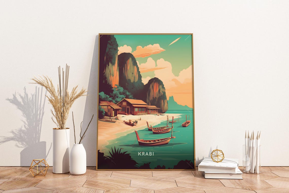 Krabi Thailand Longtail Boats Limestone Cliffs Beach View Poster