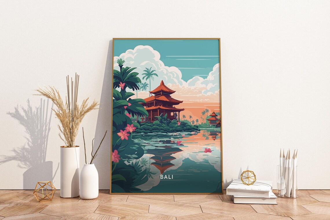Bali Temple Sunset Reflection Over Water Vintage Travel Art Poster
