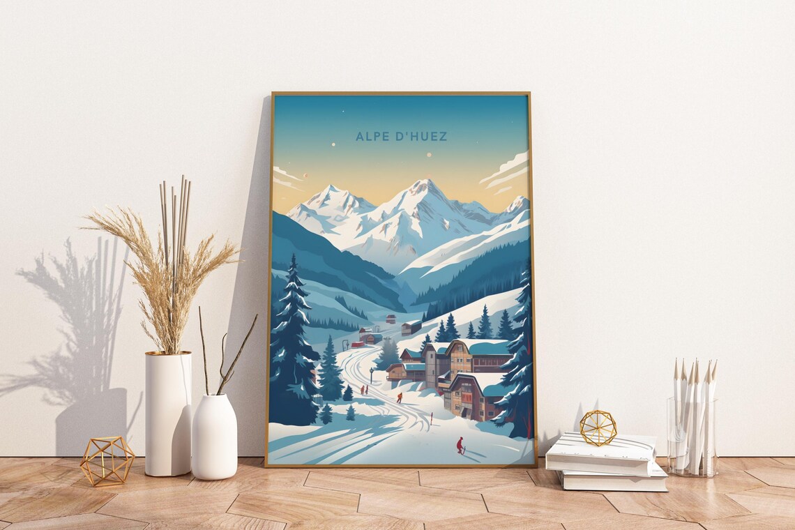 Alpe D'Huez France Ski Resort Snowy Peaks Vintage Winter Poster