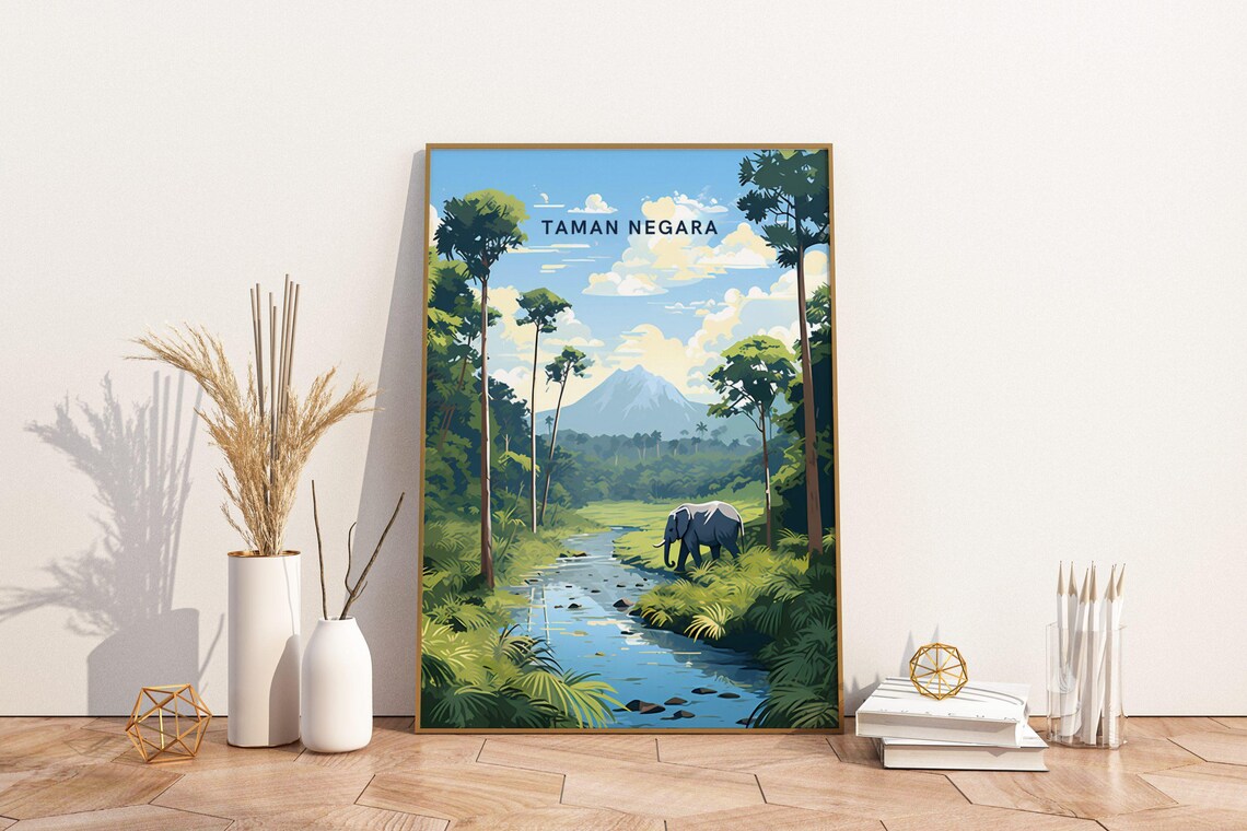 Taman Negara Malaysia Jungle River Elephant Retro Travel Art Poster