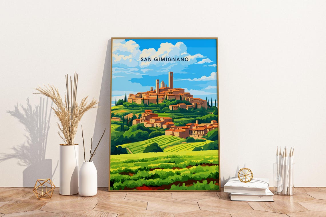 San Gimignano Italy Medieval Towers Vineyard Hills Travel Poster