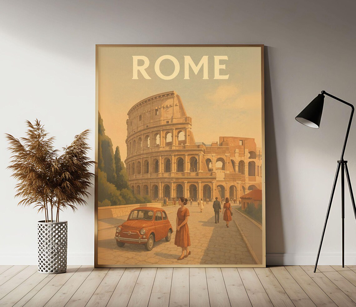 Rome Colosseum Red Fiat 500 Cobblestone Piazza Vintage Travel Poster
