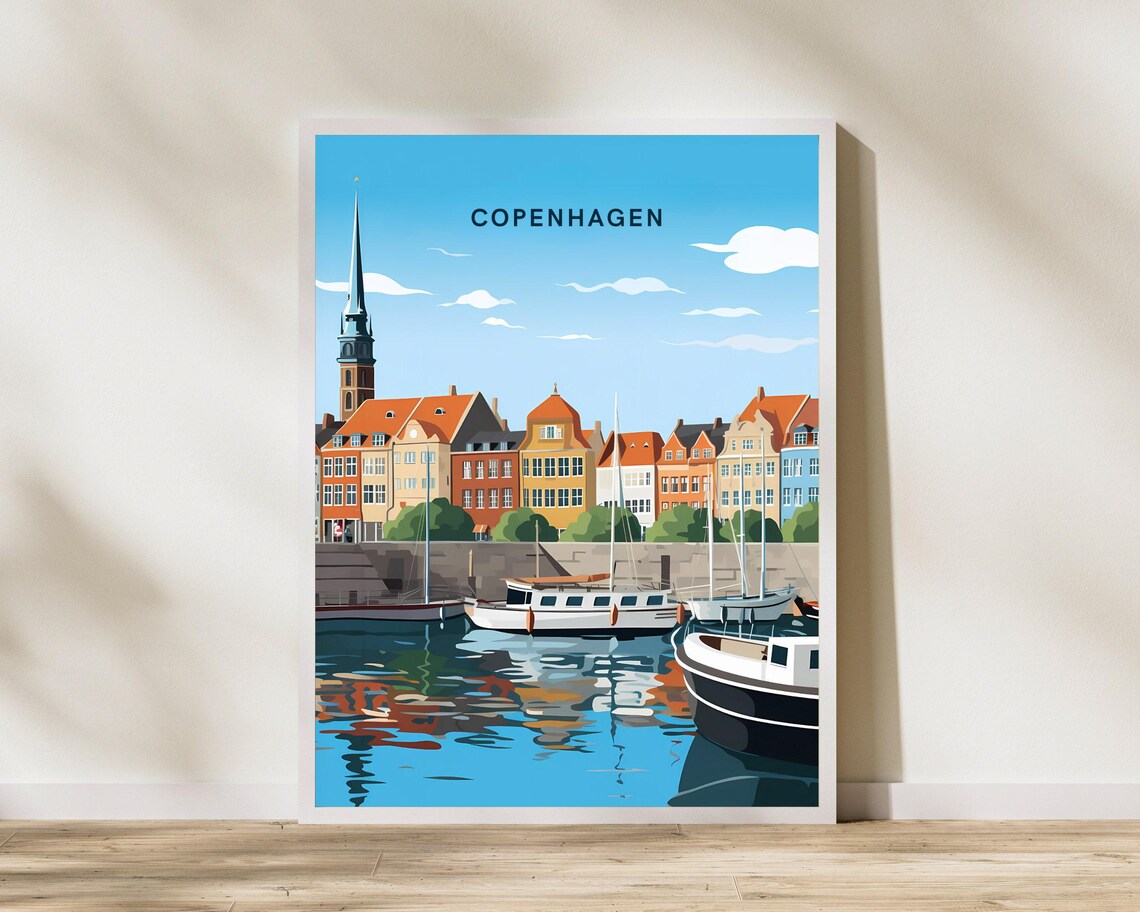 Copenhagen Denmark Harbor Colorful Waterfront Houses Travel Poster