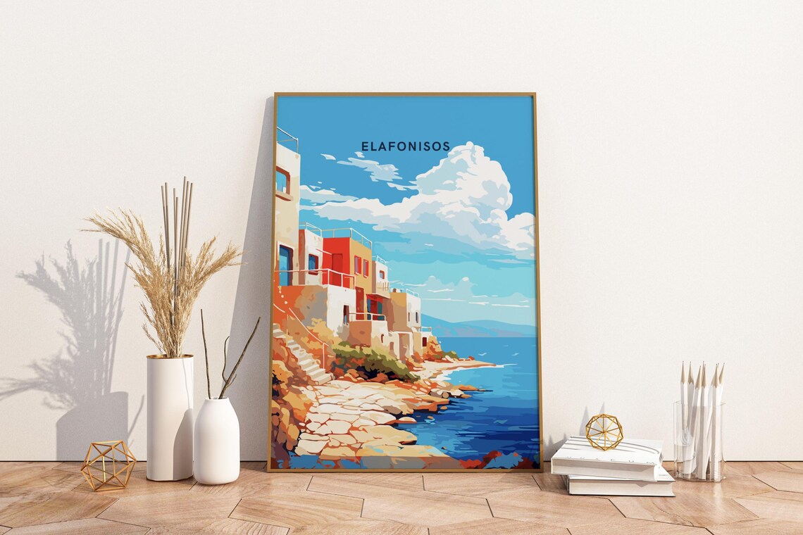 Elafonisos Greece Colorful Seaside Old Town on Rocky Coast Art Poster