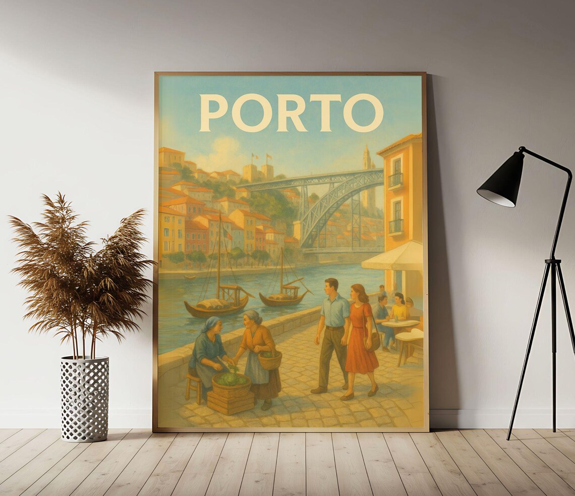 Vintage Porto Portugal Travel Poster Douro River Bridge Scene Art
