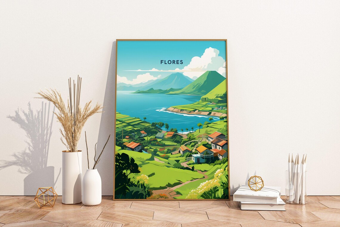 Flores Indonesia Volcano Lake Island Green Hills Scenic Travel Poster